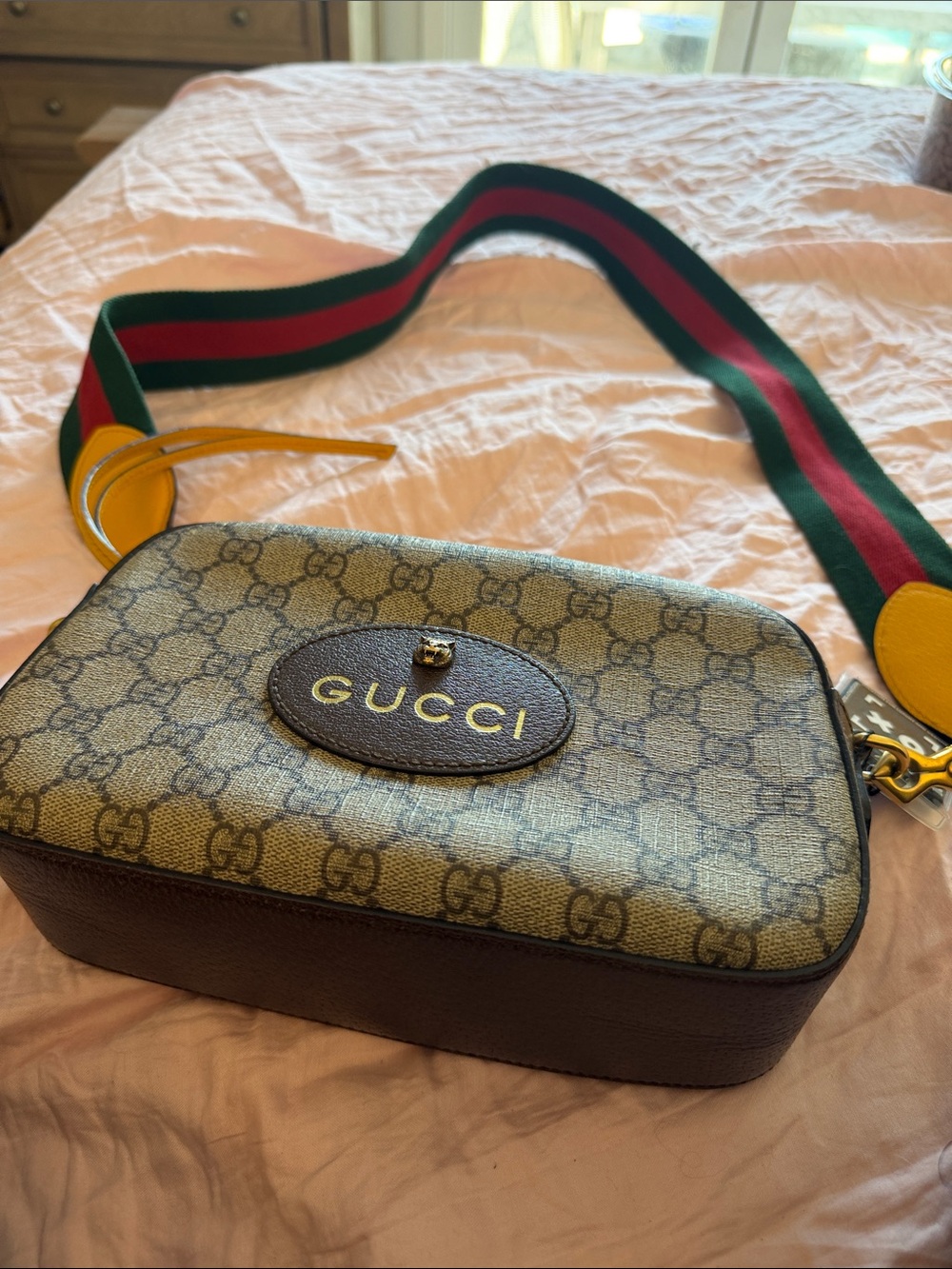 Gucci Beige GG Supreme Canvas Crossbody with Red and Green Strap